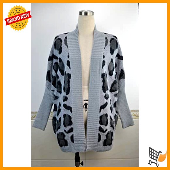 Leopard Print Fuzzy Knit Cardigan Sweater Open Front Long Sleeve Loose Fit - Picture 4 of 4